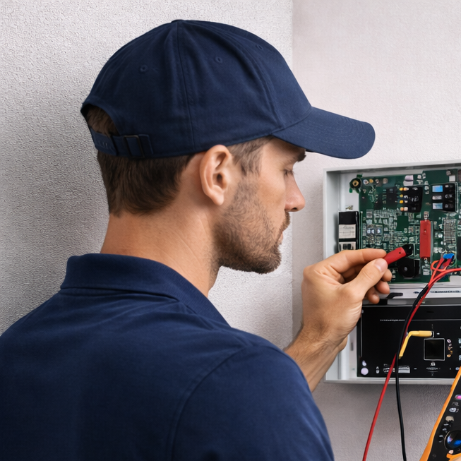 Eine Person installiert eine Sicherheitsanlage